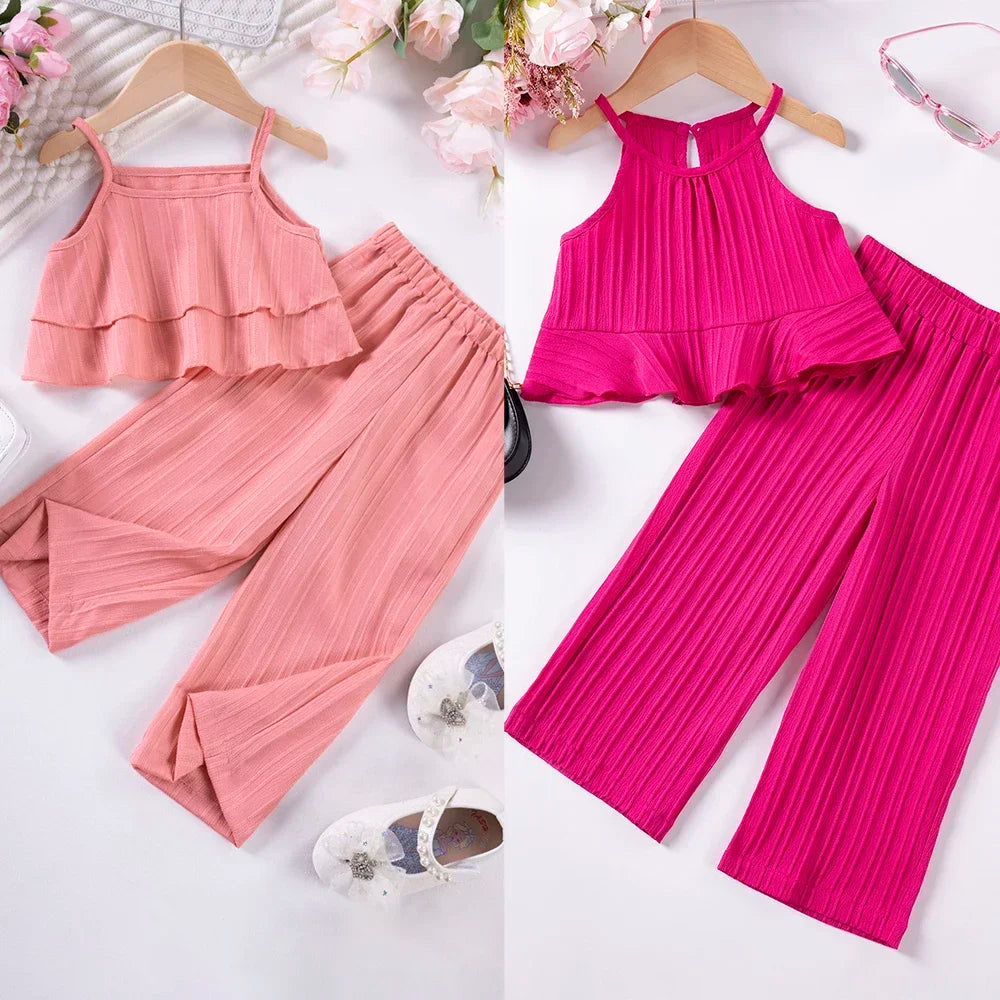 Cute Princess Style Casual Fashion Set Solid Color Summer Girls' Sling Pants Wave Stripe Sling Pants Two Piece Set Leedoar