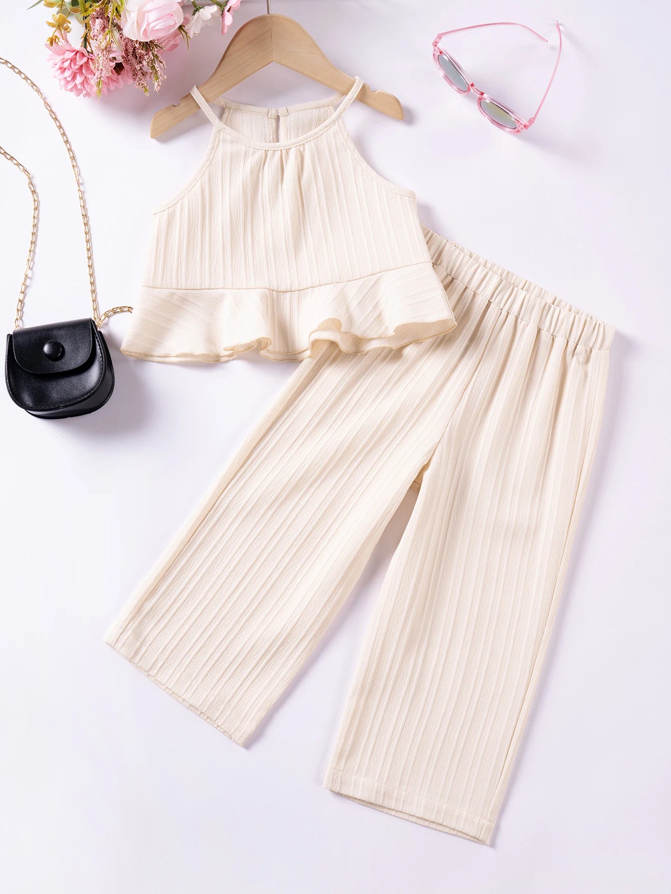 Cute Princess Style Casual Fashion Set Solid Color Summer Girls' Sling Pants Wave Stripe Sling Pants Two Piece Set Leedoar