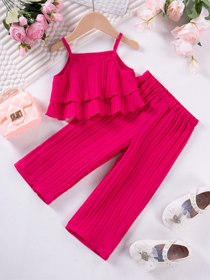 Cute Princess Style Casual Fashion Set Solid Color Summer Girls' Sling Pants Wave Stripe Sling Pants Two Piece Set Leedoar