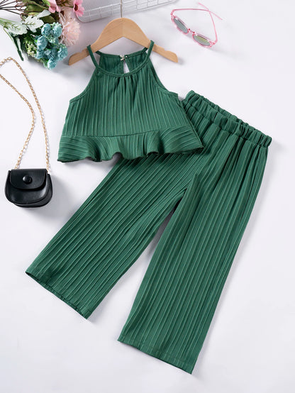 Cute Princess Style Casual Fashion Set Solid Color Summer Girls' Sling Pants Wave Stripe Sling Pants Two Piece Set Leedoar