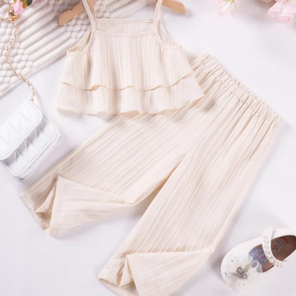 Cute Princess Style Casual Fashion Set Solid Color Summer Girls' Sling Pants Wave Stripe Sling Pants Two Piece Set Leedoar