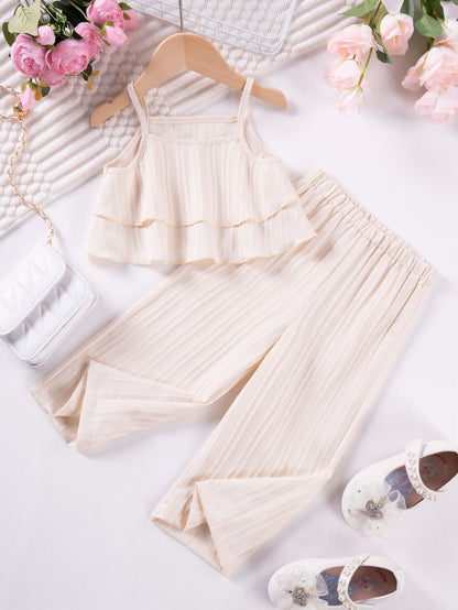 Cute Princess Style Casual Fashion Set Solid Color Summer Girls' Sling Pants Wave Stripe Sling Pants Two Piece Set Leedoar