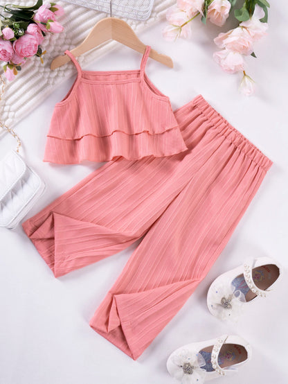 Cute Princess Style Casual Fashion Set Solid Color Summer Girls' Sling Pants Wave Stripe Sling Pants Two Piece Set Leedoar