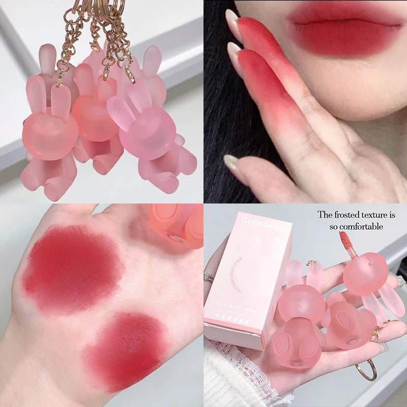 Lindo llavero de conejo, lápiz labial mate aterciopelado, lápiz labial gris rosado, lápiz labial resistente al agua, antiadherente, brillo labial, cosmético coreano 