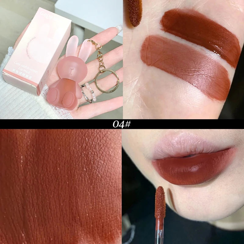 Chaveiro de coelho fofo Lip Mud Matte Velvet Mousse Cinza Rosa Lip Rouge Batom à prova d'água Antiaderente Copo Brilho labial Cosmético coreano 