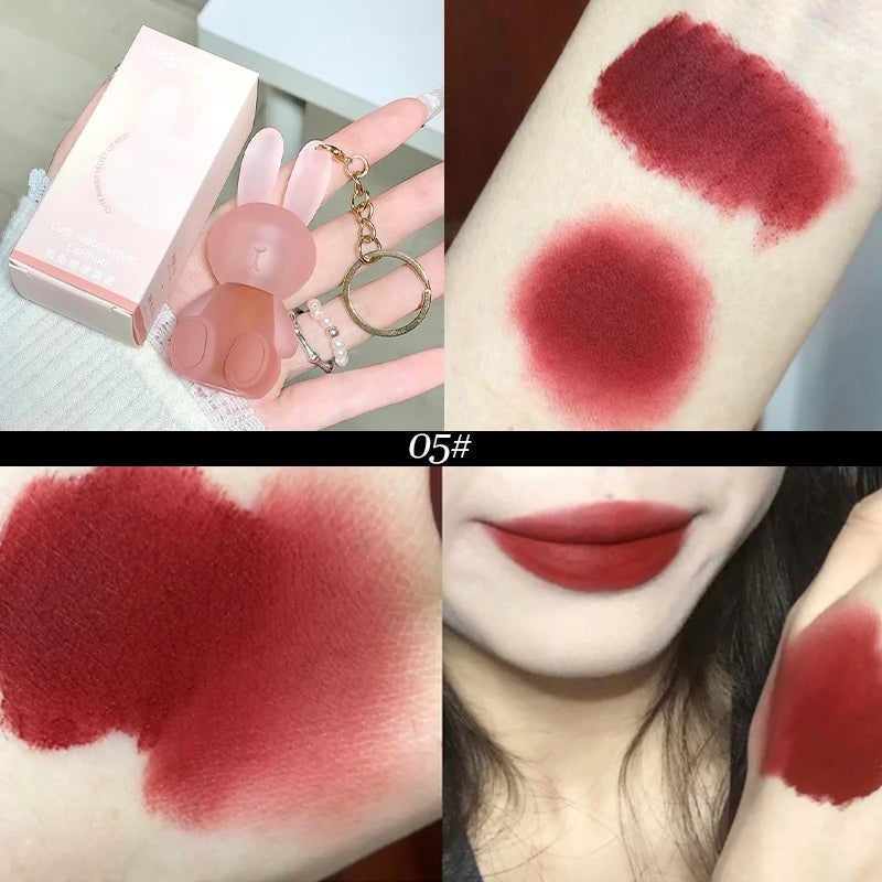 Chaveiro de coelho fofo Lip Mud Matte Velvet Mousse Cinza Rosa Lip Rouge Batom à prova d'água Antiaderente Copo Brilho labial Cosmético coreano 