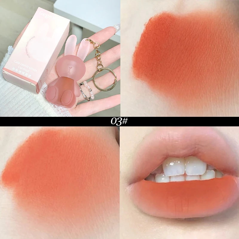 Lindo llavero de conejo, lápiz labial mate aterciopelado, lápiz labial gris rosado, lápiz labial resistente al agua, antiadherente, brillo labial, cosmético coreano 