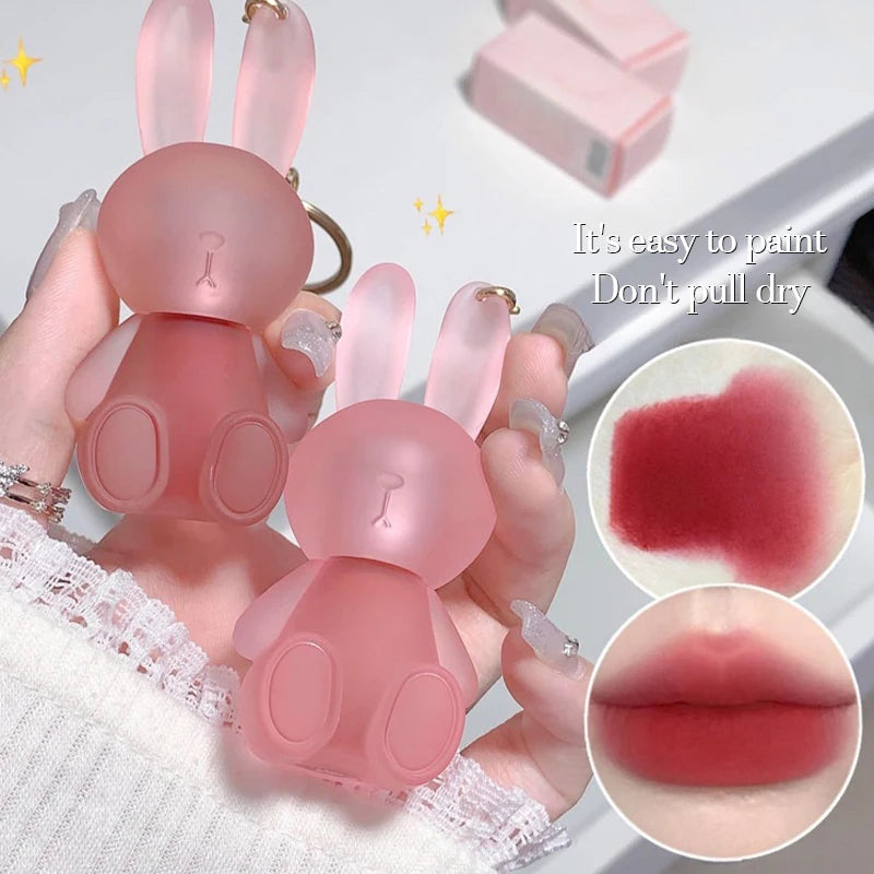 Lindo llavero de conejo, lápiz labial mate aterciopelado, lápiz labial gris rosado, lápiz labial resistente al agua, antiadherente, brillo labial, cosmético coreano 