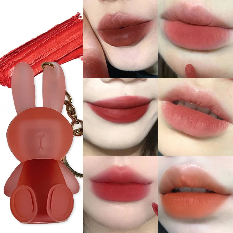 Lindo llavero de conejo, lápiz labial mate aterciopelado, lápiz labial gris rosado, lápiz labial resistente al agua, antiadherente, brillo labial, cosmético coreano 