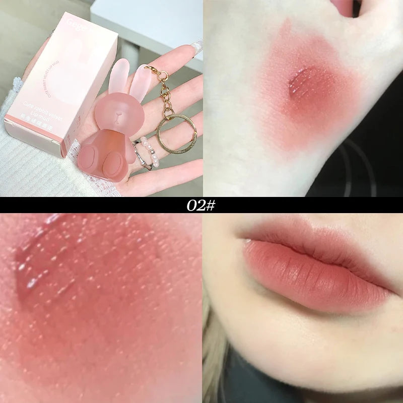 Chaveiro de coelho fofo Lip Mud Matte Velvet Mousse Cinza Rosa Lip Rouge Batom à prova d'água Antiaderente Copo Brilho labial Cosmético coreano 