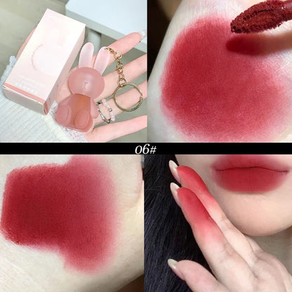 Chaveiro de coelho fofo Lip Mud Matte Velvet Mousse Cinza Rosa Lip Rouge Batom à prova d'água Antiaderente Copo Brilho labial Cosmético coreano 