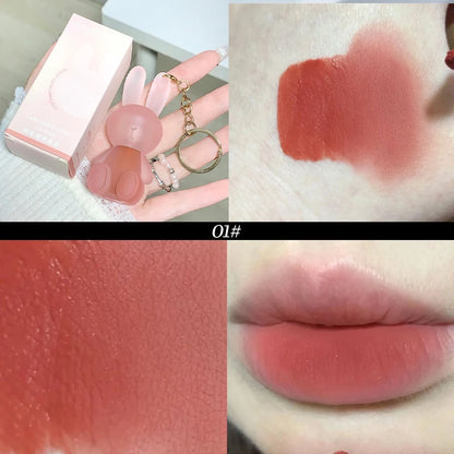 Lindo llavero de conejo, lápiz labial mate aterciopelado, lápiz labial gris rosado, lápiz labial resistente al agua, antiadherente, brillo labial, cosmético coreano 