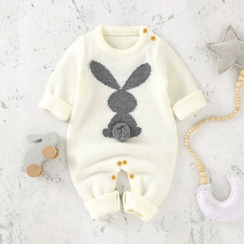 Cute Rabbit Knitted Baby Rompers Clothes Spring Autumn Crew Neck Long Sleeves Newborn Boys Girls Easter Jumpsuits Outfits 0-18m Leedoar