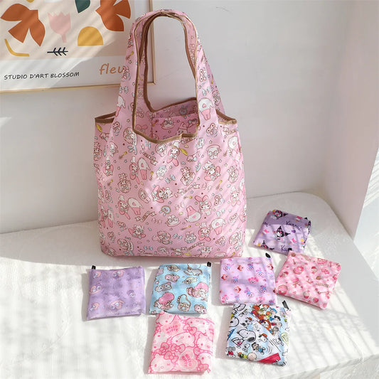 Linda bolsa de compras Sanrio Kawaii Hello Kitty Kuromi Cinnamoroll portátil ecológica grande capacidade supermercado bolsa dobrável 