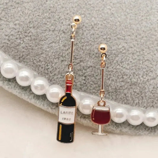 Cute WIne Bottle Glass Shape Drop Earrings For Women Gold Plating Metal With Epoxy Wine Beer Bottle Charm Ins Earrings