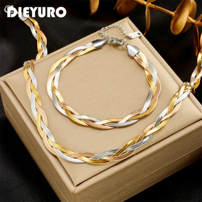 DIEYURO 316L Stainless Steel 3in1 Crossover Snake Chain Necklace Bracelets For Women Girl New Fashion Waterproof Jewelry Set Leedoar