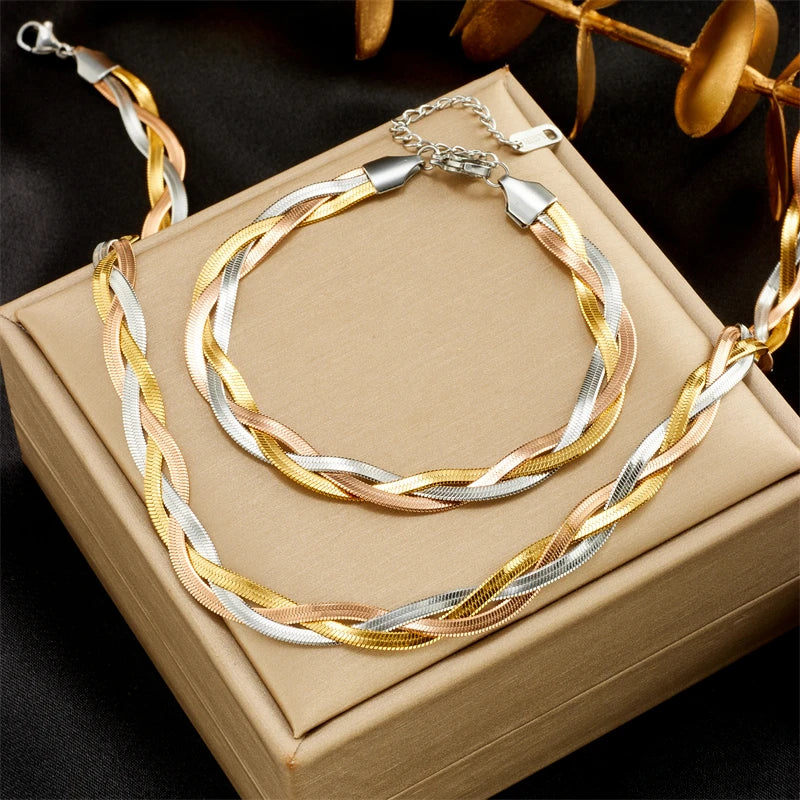 DIEYURO 316L Stainless Steel 3in1 Crossover Snake Chain Necklace Bracelets For Women Girl New Fashion Waterproof Jewelry Set Leedoar