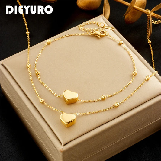 DIEYURO 316L - Collar y pulsera de cadena con forma de corazón de acero inoxidable color dorado para mujer y niña, nuevo conjunto de joyas a la moda que no se decolora