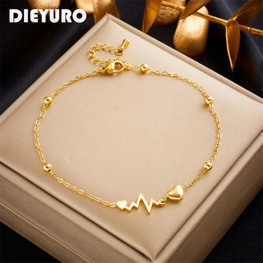 DIEYURO 316L Stainless Steel Heart Electrocardiogram Anklets For Women Girl New Trend Leg Chain Non-fading Jewelry Gift Party