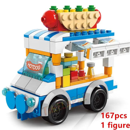 DIY Architecture Ice Cream Car Store Street View Food Building Blocks Kit Girls Bricks Classic Movie Model Kid Toys For Children Leedoar