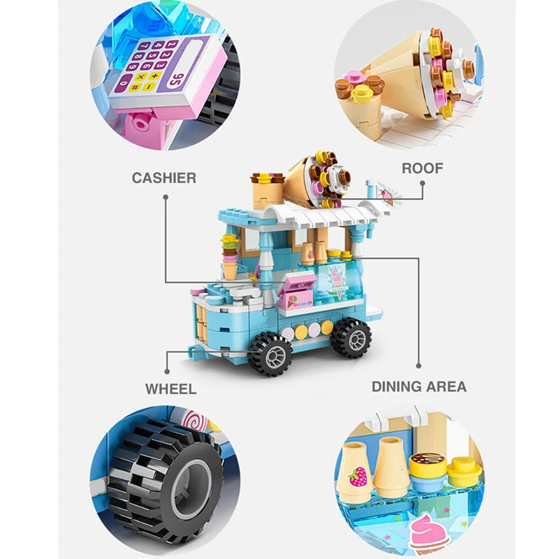 DIY Architecture Ice Cream Car Store Street View Food Building Blocks Kit Girls Bricks Classic Movie Model Kid Toys For Children Leedoar