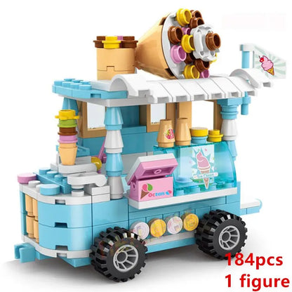 DIY Architecture Ice Cream Car Store Street View Food Building Blocks Kit Girls Bricks Classic Movie Model Kid Toys For Children Leedoar