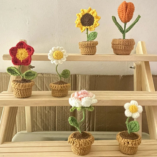 DIY Handwoven Mini Potted Flower Rose Office Desktop Ornamental Potted Plants Woolen Thread Finished Product Home Decoration Leedoar