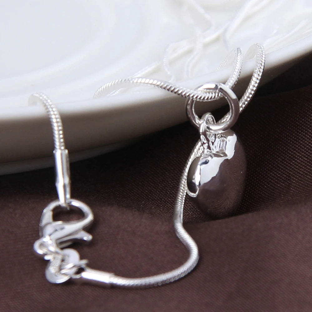 DOTEFFIL Silver Color Solid Small Heart Pendant Necklace 16-30 Inch Snake Chain For Women Wedding Charm Fashion Jewelry Leedoar