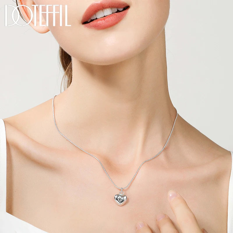 DOTEFFIL Silver Color Solid Small Heart Pendant Necklace 16-30 Inch Snake Chain For Women Wedding Charm Fashion Jewelry Leedoar