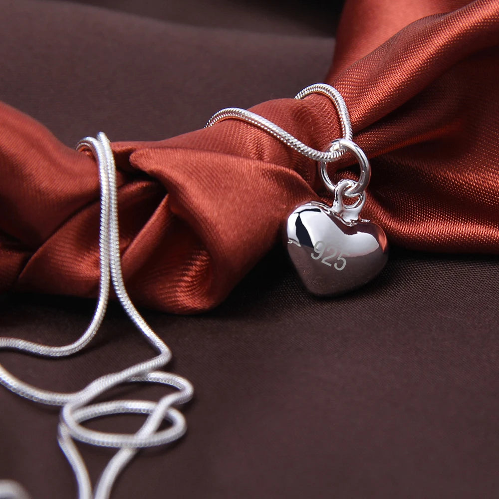 DOTEFFIL Silver Color Solid Small Heart Pendant Necklace 16-30 Inch Snake Chain For Women Wedding Charm Fashion Jewelry Leedoar
