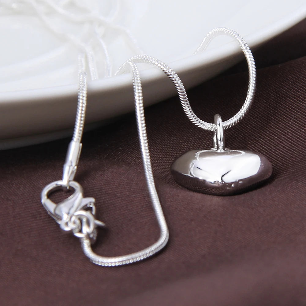 DOTEFFIL Silver Color Solid Small Heart Pendant Necklace 16-30 Inch Snake Chain For Women Wedding Charm Fashion Jewelry Leedoar