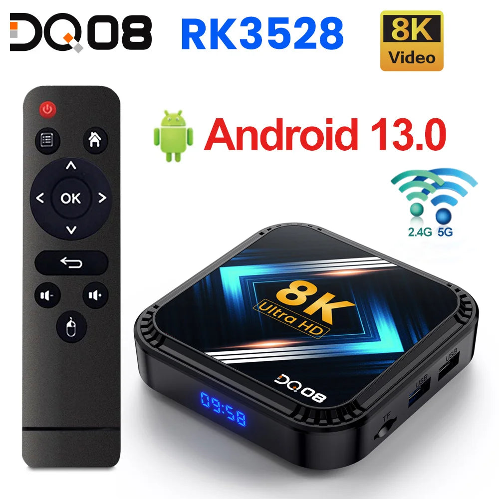 DQ08 RK3528 Smart TV Box Android 13 Quad Core Cortex A53 Support 8K Video 4K@60fps HDR10+ 2.4&5G Dual WifiBT4.0 Google Voice Leedoar