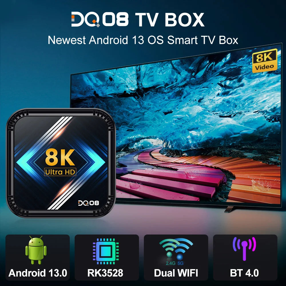 DQ08 RK3528 Smart TV Box Android 13 Quad Core Cortex A53 Support 8K Video 4K@60fps HDR10+ 2.4&5G Dual WifiBT4.0 Google Voice Leedoar