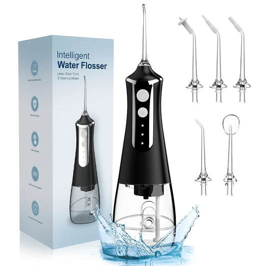 Dental Oral Irrigator Water Flosser Thread Teeth Pick Mouth Washing Machine 5 Nozzels 3 Modes USB Rechargeable 300ml Tank Leedoar