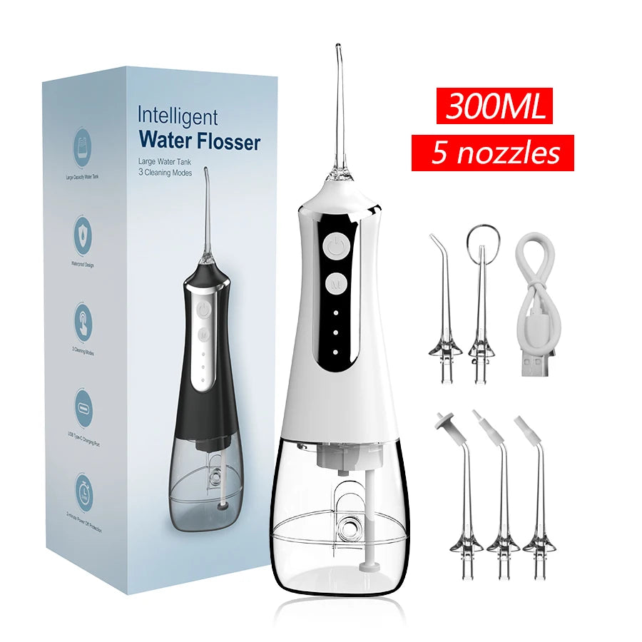 Dental Oral Irrigator Water Flosser Thread Teeth Pick Mouth Washing Machine 5 Nozzels 3 Modes USB Rechargeable 300ml Tank Leedoar