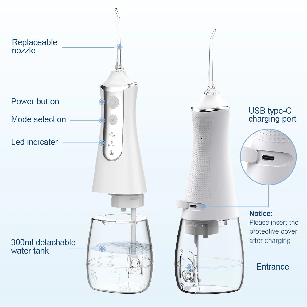 Dental Oral Irrigator Water Flosser Thread Teeth Pick Mouth Washing Machine 5 Nozzels 3 Modes USB Rechargeable 300ml Tank Leedoar