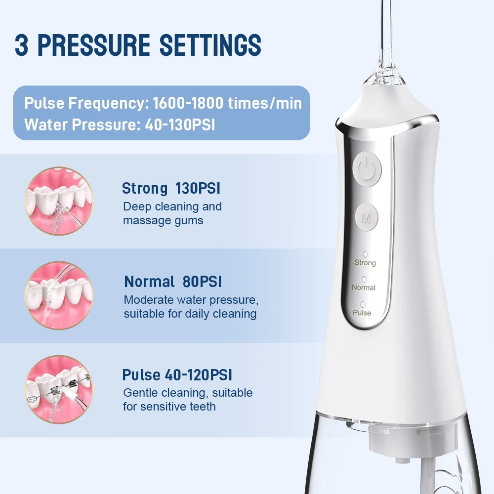 Dental Oral Irrigator Water Flosser Thread Teeth Pick Mouth Washing Machine 5 Nozzels 3 Modes USB Rechargeable 300ml Tank Leedoar