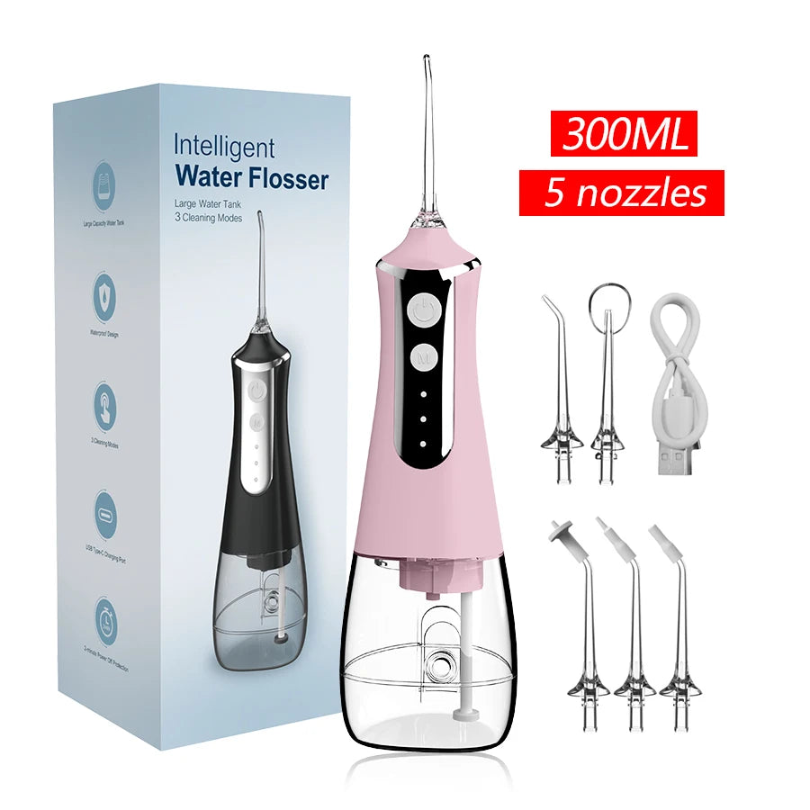 Dental Oral Irrigator Water Flosser Thread Teeth Pick Mouth Washing Machine 5 Nozzels 3 Modes USB Rechargeable 300ml Tank Leedoar