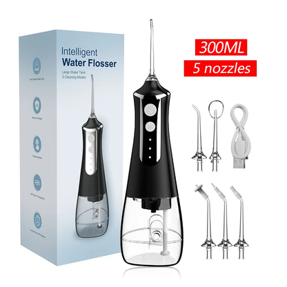 Dental Oral Irrigator Water Flosser Thread Teeth Pick Mouth Washing Machine 5 Nozzels 3 Modes USB Rechargeable 300ml Tank Leedoar