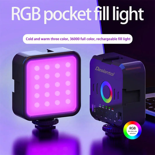 Luz de preenchimento de cor RGB mini Desiontal W70, luz de fotografia LED para vlog de câmera, luz suave para selfie de celular e luz para filmagem ao vivo 