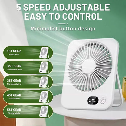 Desk Fan Portable USB Rechargeable Fan 180° Tilt Folding Personal Fan With Power Display 5 Speeds Ultra Quiet Table Fan Leedoar