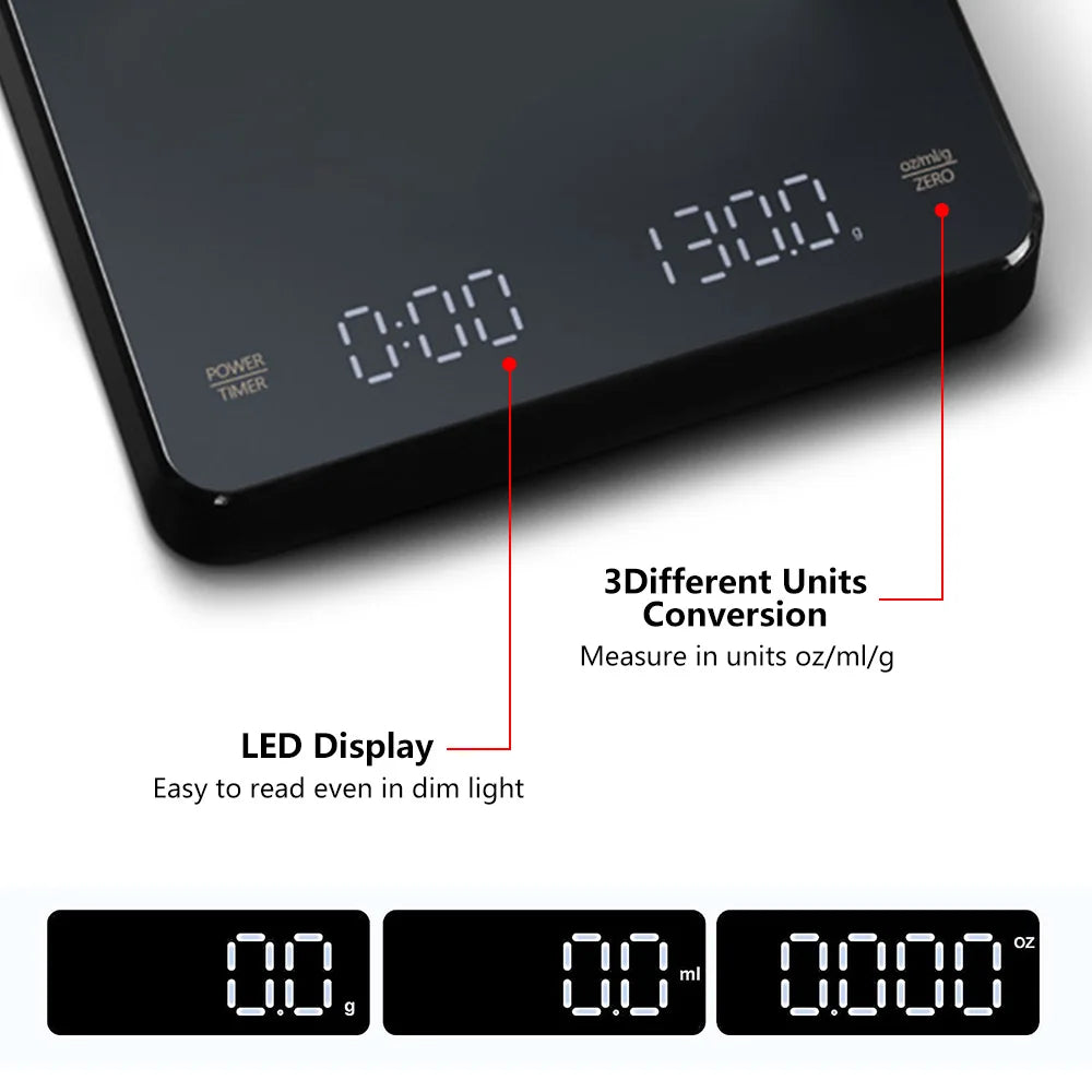 Digital Coffee Scale with Timer LED Screen Espresso USB 3kg Max.Weighing 0.1g High Precision Measures in Oz/ml/g Kitchen Scale Leedoar