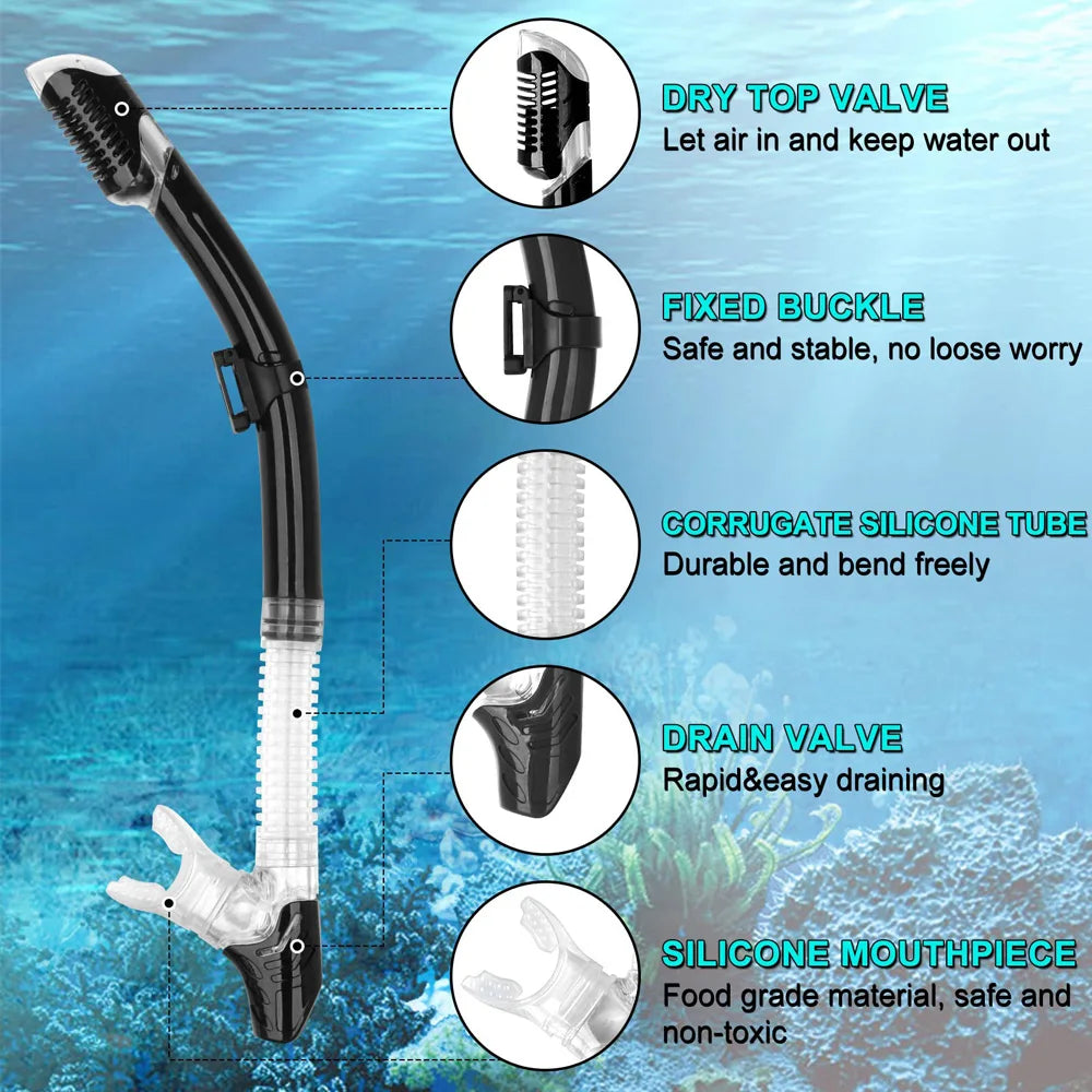 Tubo de snorkel seco con respiración fácil, protector contra salpicaduras para buceo, válvula superior, equipo de natación subacuático para adultos, niños, hombres, mujeres y jóvenes 