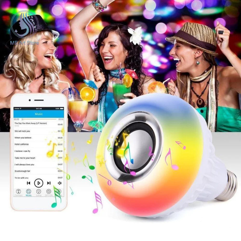 Lâmpada de música E27 RGB Bluetooth LED Lâmpada inteligente Controle remoto sem fio com áudio Lâmpada de palco colorida para festa em casa 