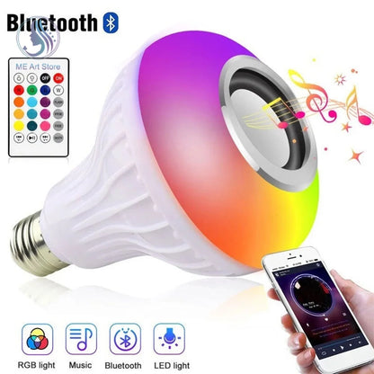 Bombilla LED inteligente con Bluetooth y música RGB E27, control remoto inalámbrico con audio, bombilla colorida para escenario para fiestas en casa 