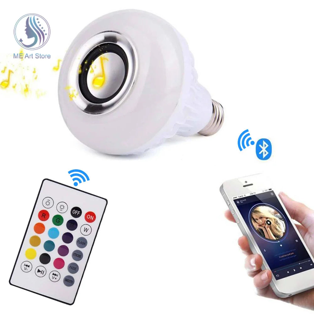 Lâmpada de música E27 RGB Bluetooth LED Lâmpada inteligente Controle remoto sem fio com áudio Lâmpada de palco colorida para festa em casa 