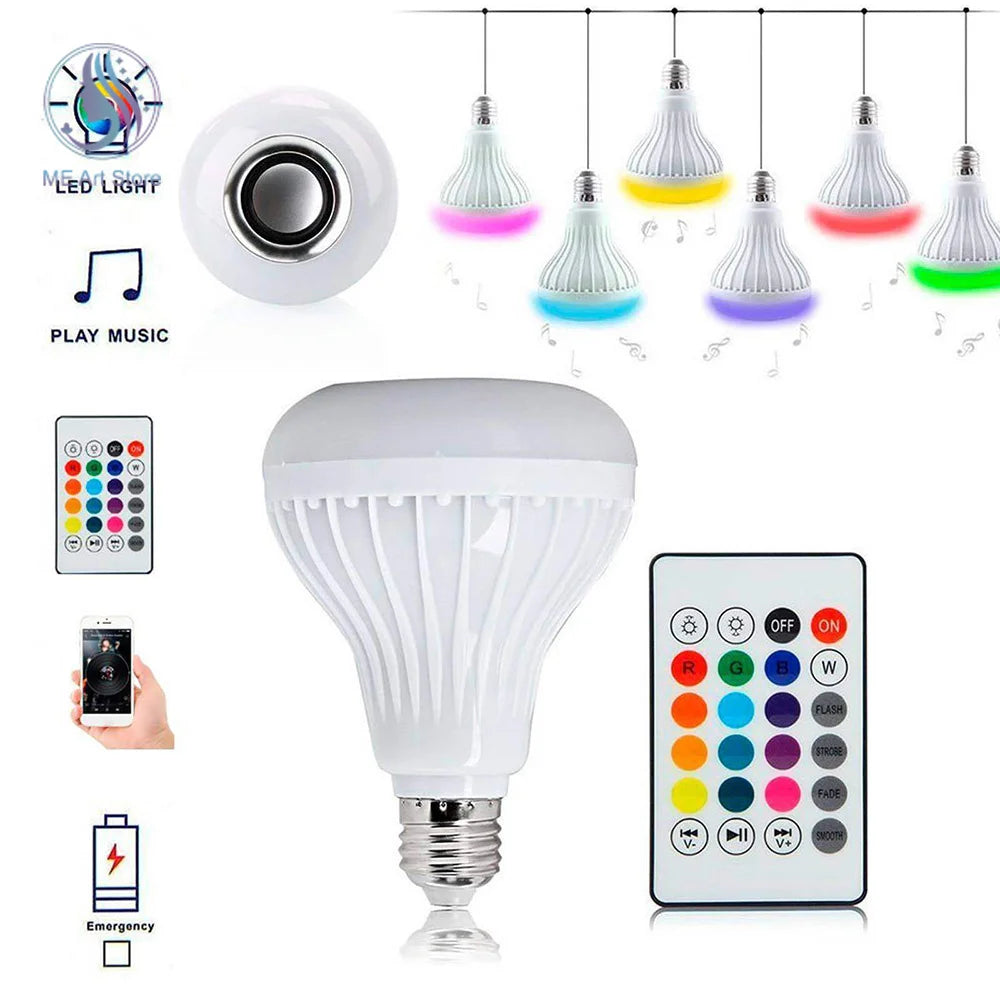 Bombilla LED inteligente con Bluetooth y música RGB E27, control remoto inalámbrico con audio, bombilla colorida para escenario para fiestas en casa 