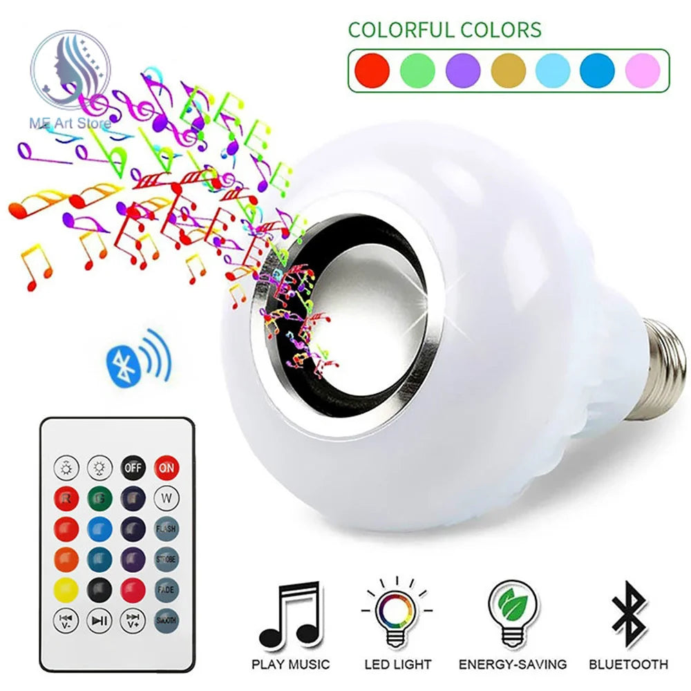 Bombilla LED inteligente con Bluetooth y música RGB E27, control remoto inalámbrico con audio, bombilla colorida para escenario para fiestas en casa 