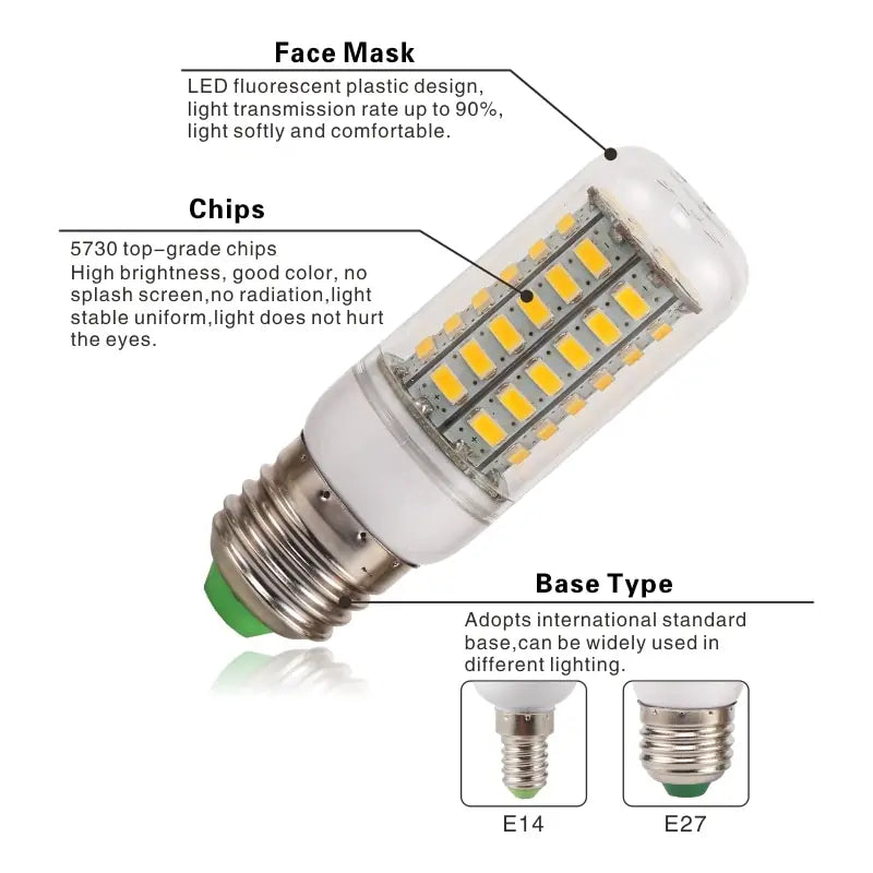E27 Screw LED Corn Super Bright Light Bulb 72LEDs 5730SMD Light Bulb 220V Fixture Home Chandelier Candle Light Bulb Set 6000K Leedoar