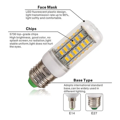 E27 Screw LED Corn Super Bright Light Bulb 72LEDs 5730SMD Light Bulb 220V Fixture Home Chandelier Candle Light Bulb Set 6000K Leedoar